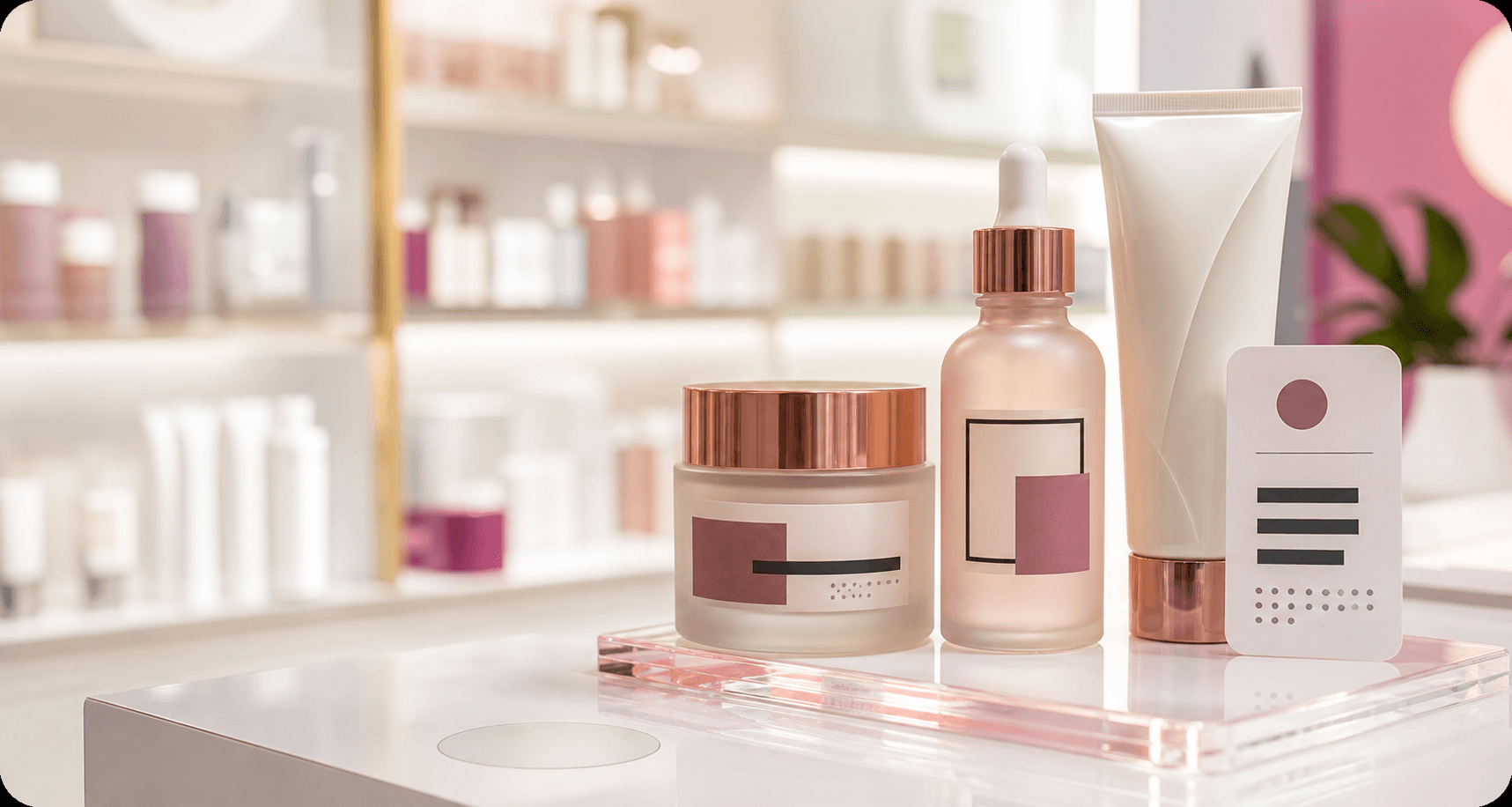Premium skincare products arranged on a beauty retail counter